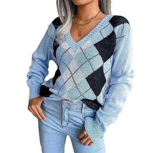Produktbild: Ejoyous Damen-Pullover mit Argyle-Karomuster, Lässig, Langärmelig, V-Ausschnitt, Strickpullover, E-Stil, Sweatshirt-Oberteile (S)