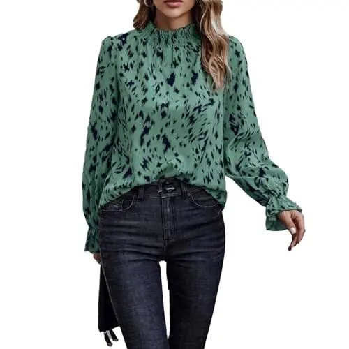 Produktbild: Ejoyous Damen Lose Passende Druckbluse mit Stehkragen, Gerafft Hoher Kragen Locker Passend Lässig Drucken Blusen (XL)