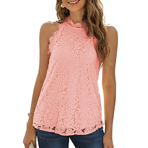 Produktbild: Ejoyous Damen Tank Top Spitzen Neckholder Spitzen Bluse Ärmellose Tanktops Oberteile Tunika Top Sommer mit Schlüsselloch Back Design(L-Rosa)