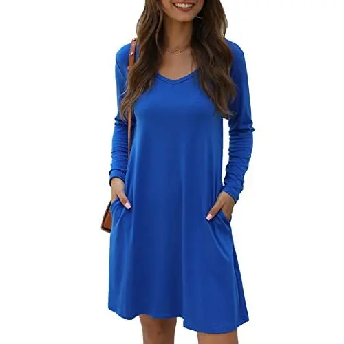 Produktbild: Ejoyous Damen V-Ausschnitt Midikleid Rundhals Minikleid Langarm Figurbetont Bleistiftkleid Kurz Kleider Knielang Elegant Freizeitkleid mit Seitentaschen(XXL-Blau)