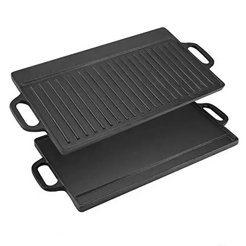 Produktbild: Ejoyous Grillplatte Gusseisen, 2 Kochflächen Induktion Grillplatte Grillpfanne Gasgrill Grillmatte mit Emaille-Beschichtung für Feuerstelle Grillplatz Lagerfeuer Ofen Oder Herd 50,5 * 23,5 * 1,4 cm