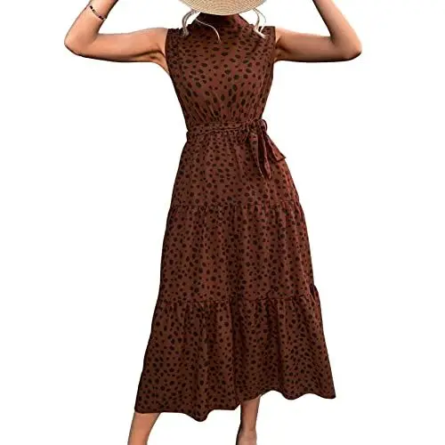 Produktbild: Ejoyous Kleid mit Punktdruck, ärmelloses Stehkragen, Hohe Taille, Damen, Sommerkleid, Elegantes Sommerkleid, Langes Kleid mit Gürtel für Party, Club, Arbeit,(XL-Kaffee)