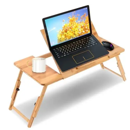 Produktbild: Ejoyous Laptoptisch Bambus, Betttablet Höhenverstellbar klappbarer Notebooktisch Betttisch Lapdesks mit Schublade für Lesen oder Frühstück und Zeichentisch fürs Bett