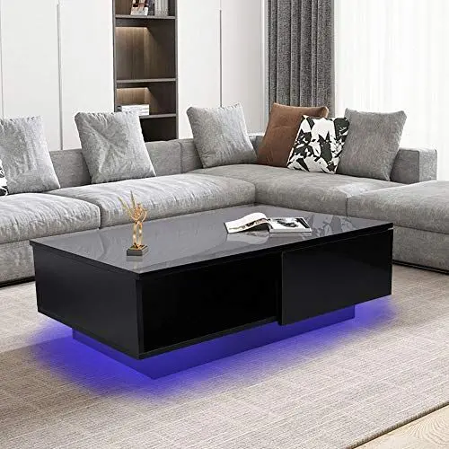 Produktbild: Ejoyous Schwarzer Couchtisch mit LED Licht, Moderner Wohnzimmertisch, Sofatisch Beistelltisch Couchtisch mit Schubladen, für Wohnzimmer Schlafzimmer 95 x 60 x 31cm