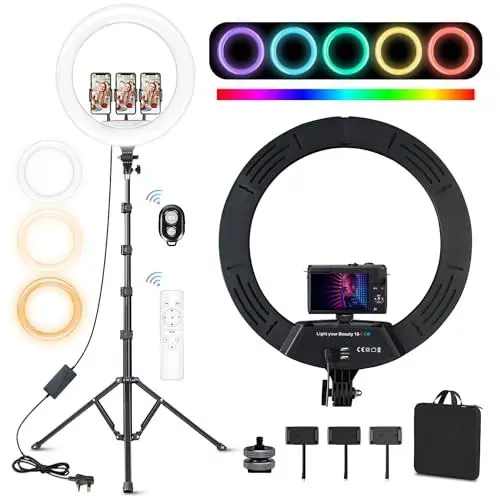 Produktbild: Ekasoco 18 Zoll Ringlicht Groß, 26 RGB-Modus Ringleuchte mit 3 Telefonhaltern, Dimmbar Ring Light 2700K-7000K Ringlicht mit Stativ Handy für Live-Streaming, Make-up, Kamera, Selfie, YouTube, Tiktok