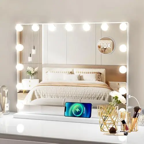 Produktbild: Ekasoco Hollywood Spiegel mit Beleuchtung, 58x46cm Schminktisch Spiegel mit 15 LED, 3 Farbtemperatur, Touchscreen, Intelligente Speicherfunktion, Hollywoodspiegel für Tisch, Weiß