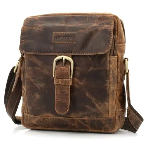 Produktbild: ekavale Umhängetasche Herren aus Büffelleder - Männer Schultertasche zum Umhängen mit verstellbarem Schultergurt - Leder Herrentasche, Ledertasche, Schultertasche (Antik-Braun)