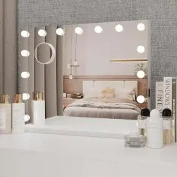 Produktbild: eklipt Schminkspiegel mit Beleuchtung, Hollywood Spiegel mit Beleuchtung Tischspiegel 15 LED Licht 3 Lichtfarben Wandspiegel mit USB 10X Vergrößerung Touch Control Tischplatte & Wandhalterung 58x45cm