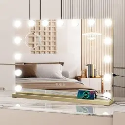 Produktbild: eklipt Schminkspiegel mit Beleuchtung, Hollywood Spiegel mit Beleuchtung Tischspiegel 15 LED Licht 3 Lichtfarben Wandspiegel mit USB 10X Vergrößerung Touch Control Tischplatte & Wandhalterung 58x45cm