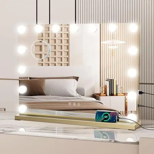Produktbild: eklipt Schminkspiegel mit Beleuchtung, Hollywood Spiegel mit Beleuchtung Tischspiegel 15 LED Licht 3 Lichtfarben Wandspiegel mit USB 10X Vergrößerung Touch Control Tischplatte & Wandhalterung 58x45cm