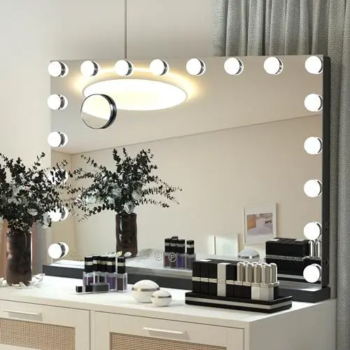 Produktbild: eklipt Schminkspiegel mit Beleuchtung 80x60cm,18 Dimmbare Groß LED Licht Hollywood Spiegel mit Beleuchtung,3 Farbtemperatur Licht, Touch Control Tischplatte (18led,80x12x62cm,schwarz)
