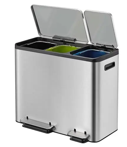 Produktbild: EKO Ecocasa Mülleimer 3 Fächer, 3 x 15 Liter, Tretmülleimer Mülleimer für Küche, Abfalleimer mit Deckel, sanftem Schließen und luftdicht, Mülltrennsystem 3-fach mit Griff, Edelstahl Matt