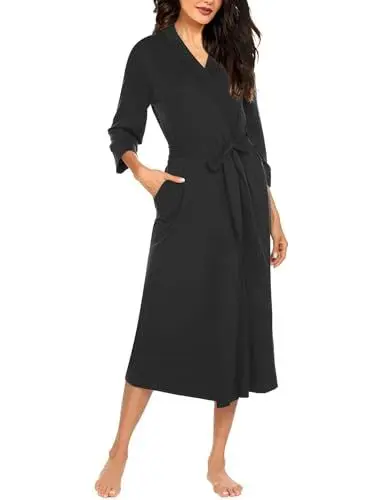 Produktbild: Ekouaer Bademantel Damen 3/4 Ärmel Sommer Dünn Leicht Morgenmantel Lässig Robe Schwarz L