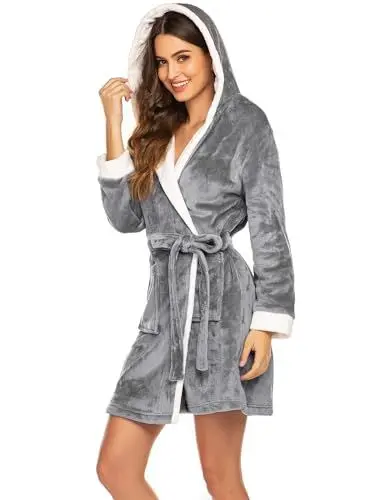 Produktbild: Ekouaer Bademantel Damen Frottee Flauschig Weich Kapuze Knielang Kurz Hausmantel Morgenmantel Fleece Sauna Spa Robe Grau XL