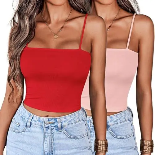 Produktbild: Ekouaer Damen 2er Pack Tank Tops Sexy Sommer Ärmellose Bauchfrei Camilose Basic Tanktops Spaghetti Lässiges Crop Top Y2k Oberteile Frauen Rot + Rosa S