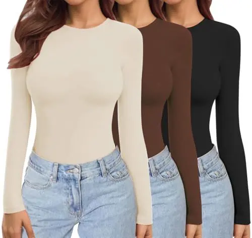 Produktbild: Ekouaer Damen 3 Pack Langarmshirt Rundhlas Unterhemd Layer Tee Warm Thermo Oberteil Slim Fit Basic Tops, Schwarz + Braun + Beige M