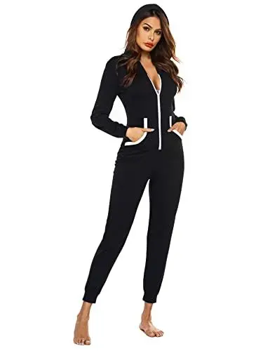 Produktbild: Ekouaer Damen Jumpsuit Onesie Overall Einteiler Pyjamas One Piece Schlafanzug mit Kapuze & Reißverschluss Schwarz M