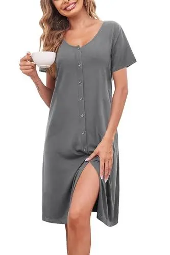 Produktbild: Ekouaer Damen Nachthemd Kurz V-Ausschnitt Nachtkleid Kurzarm Sleepshirt Nachtwäsche mit Knopfleiste Lockere Sleepwear, Grau, L