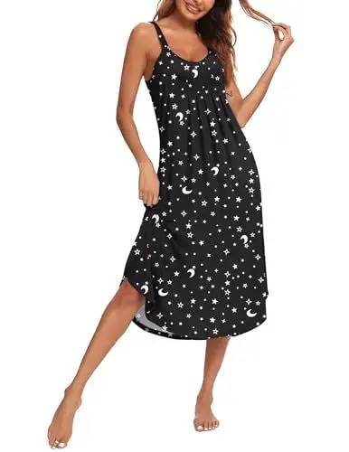 Produktbild: Ekouaer Damen Lang Nachthemd Ärmellos Nachtwäsche Sexy Schlafshirt Träger Sleepshirt Weich Nachtkleid Sommer Kleider Mond und Stern schwarz L