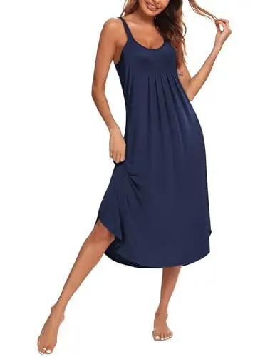 Produktbild: Ekouaer Damen Lang Nachthemd Ärmellos Nachtwäsche Sexy Schlafshirt Träger Sleepshirt Weich Nachtkleid Sommer Kleider Marine blau L