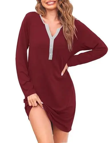 Produktbild: Ekouaer Damen Nachthemd Langarm V-Ausschnitt Nachtwäsche Knopf Nachtkleid Weich und Leicht, Rot, L