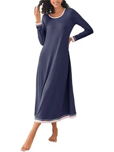 Produktbild: Ekouaer Damen Nachthemd Nachtwäsche Lang U-Ausschnitt Sleepshirt Damennachthemden Langarm Navyblau XXL