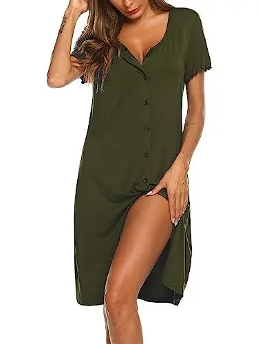 Produktbild: Ekouaer Damen Nachthemd Sommer Sleepshirt Kurzarm Schlafshirt Kurz Nachtwäsche Knopfleiste Armeegrün XXL