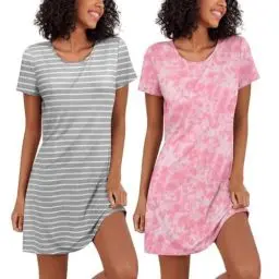 Produktbild: Ekouaer Damen Nachthemd Zweiteiliger Floral Sleepshirt Kurzarm Nachtwäsche Schlafhemd Sommer Nachtkleid Kurz Negligees 2er Pack, Tie Dye+Gestreift, XL