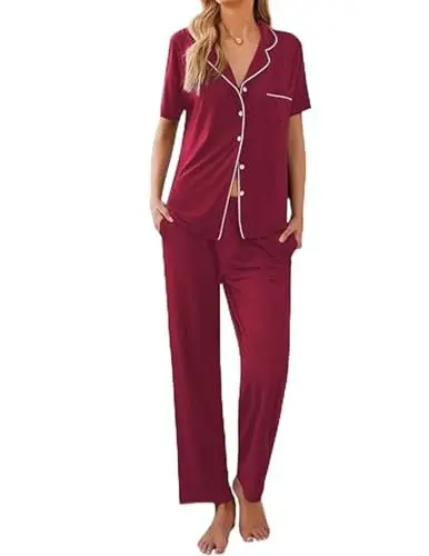 Produktbild: Ekouaer Damen Pyjama Long Set Schlafanzug Schlafanzug Kurz Kurzarm und Lange Hose Hausanzug Lounge Set Knopf Nachtwäsche Damen, Rot, L