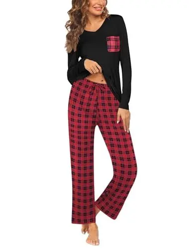 Produktbild: Ekouaer Damen Pyjama Set Schlafanzüge Für Damen Langarm Pyjama Set Nachtwäsche Weich Lounge Sets mit Taschen Winter Karierte Rot S