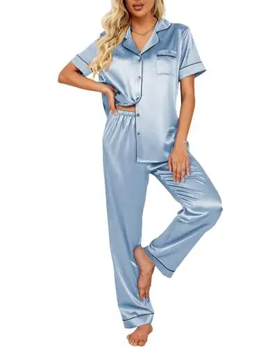 Produktbild: Ekouaer Schlafanzug Damen Lang Pyjama Damen Lang Pyjamas Set Lounge Set Zweiteiler Damen Elegant Hausanzug,Blau,S