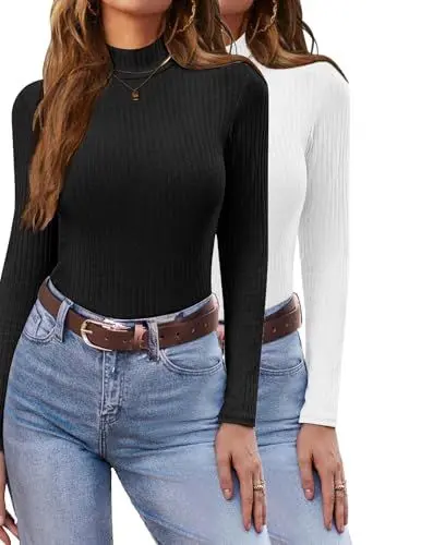 Produktbild: Ekouaer Damen Leichter Rollkragenpullover Thermo Top Winter Unterhemd Langarmshirt Slim Fit Basic Tops Rollkragenshirt, Schwarz+Weiß, L