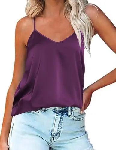 Produktbild: Ekouaer Damen Satin Unterhemden Tank Top Seide Cami Camisole Spaghettiträger V-Ausschnitt Basic Tanks Verstellbarer Strap