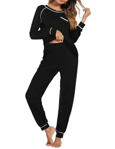 Produktbild: Ekouaer Damen Schlafanzug Lang Baumwolle Pyjama Set Lange Ärmel Schlafanzüge für Damen Lang Winter Nachtwäsche Schwarz