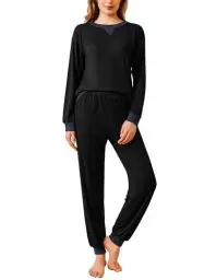 Produktbild: Ekouaer Damen Schlafanzug Lang Pyjama Set Winter Nachtwäsche Zweiteiliger Sleepwear Soft Loungewear Hausanzug Schwarz M