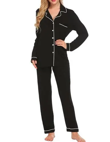 Produktbild: Ekouaer Damen Schlafanzug Lang Pyjama Set mit Knopfleiste Nachtwäsche Weich Sleepwear Oberteil und Pyjamahose Schwarz XXL