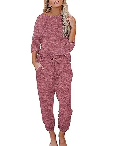 Produktbild: Ekouaer Damen Schlafanzug Lang Weich Pyjama Set mit Taschen Zweiteiler Sleepwear Winter Hausanzug Rot L