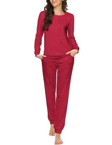 Produktbild: Ekouaer Damen Schlafanzug Langarm Nachtwäsche Pyjamas Set Damen Schlafanzug Lang Baumwolle Zweiteiliger Hausanzug PJs Weihnachtsschlafanzüge Rot L