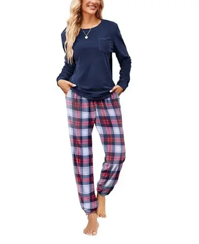 Produktbild: Ekouaer Damen Schlafanzug Langarm Velor Pyjamas Set Frauen Kuschelig Warm Hausanzug mit Seitentaschen Lässig Blau Kariert M