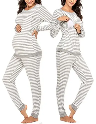 Produktbild: Ekouaer Damen StillPyjama Langarm Krankenhaus Schlafanzug mit O Ausschnitt Winter Pyjama Set warm und weich Umstandsmode Hellgrau Streifen M