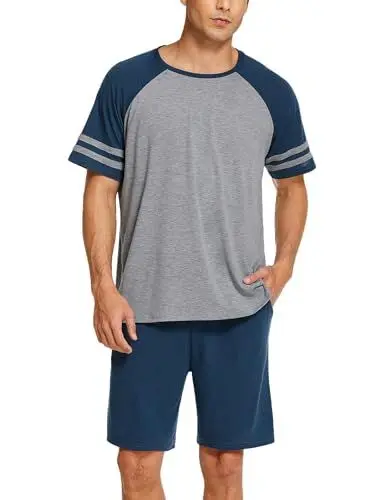 Produktbild: Ekouaer Schlafanzug Herren Kurz Pyjama Herren Kurz Set Kurzarm Oberteil und Shorts Zweiteilig Nachtwäsche,Dunkelblau XL
