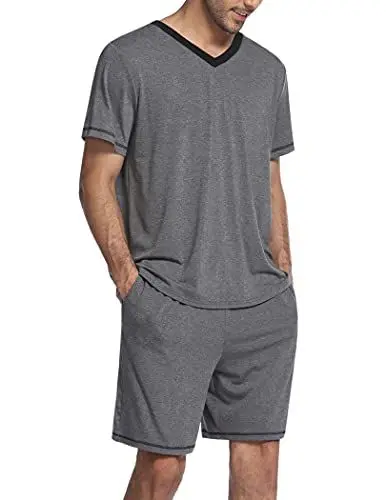 Produktbild: Ekouaer Herren Schlafanzug Kurz Pyjamaset Zweiteiliger Set Weich Hausanzug T-Shirt und Schlafshorts Sommer Freizeitanzug Grau XXL