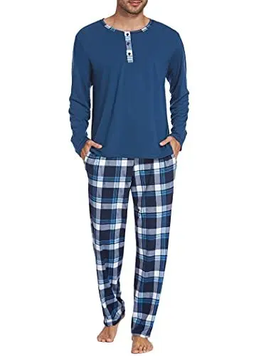 Produktbild: Ekouaer Herren Schlafanzug Lang Baumwolle Zweiteiliger Pyjama Herren Lang Langarm Shirt & Schlafanzughose