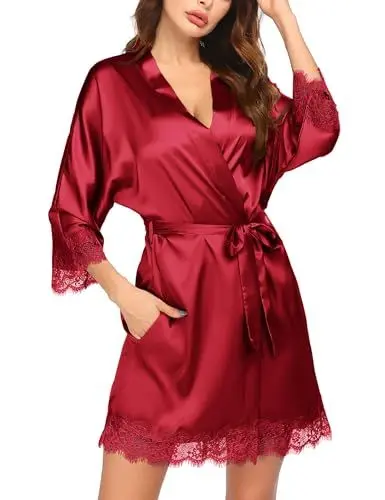 Produktbild: Ekouaer Morgenmantel Damen Kurz Kimono Braut Satin Nachthemd Damen Knielang Kurz Hausmantel Nachtmantel Rot L