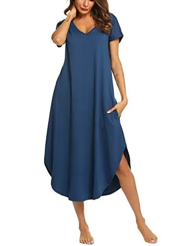Produktbild: Ekouaer Nachthemd Damen Baumwolle Lang Schlafhemd Loungewear Nachtkleid Sleepshirt Kurzarm V-Ausschnitt Sleepwear Bequeme Nachthemden, Marineblau, XXL