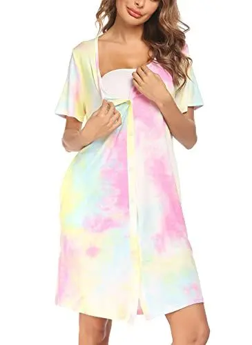 Produktbild: Ekouaer Nachthemd Damen Kurz Kurzarm Nachtkleid Lockere Sleepshirt Sommer Loungewear mit Taschen, Tie Dye, M