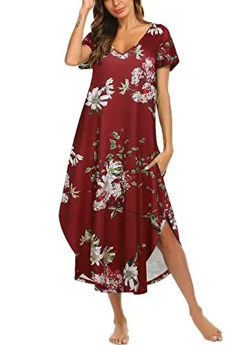 Produktbild: Ekouaer Nachthemden für Damen Kurzarm Nachthemd Lang V-Ausschnitt Schlafshirt Nachtwäsche Sleepwear Loungewear Nachtkleid Bequeme, Rot-Drucken, XXL