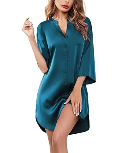 Produktbild: Ekouaer Nachthemd Damen Kurzarm Seide Nachthemden Nachtkleid V-Ausschnitt Sleepshirt Knöpfen Sleepwear Schlafhemd Pfauenblau XL