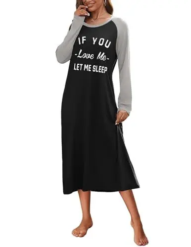 Produktbild: Ekouaer Nachthemd Damen Langarm Langes Nachtkleid Damen Aufdruck mit Rundhalsausschnitt Winter Warm Nachtwäsche Weich und Leicht, Schwarz, L