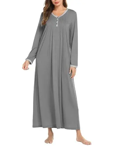 Produktbild: Ekouaer Nachthemd Damen Lang V-Ausschnitt Nachtkleid Langarm Sleepshirt mit Knöpfen Locker Sleepwear Grau
